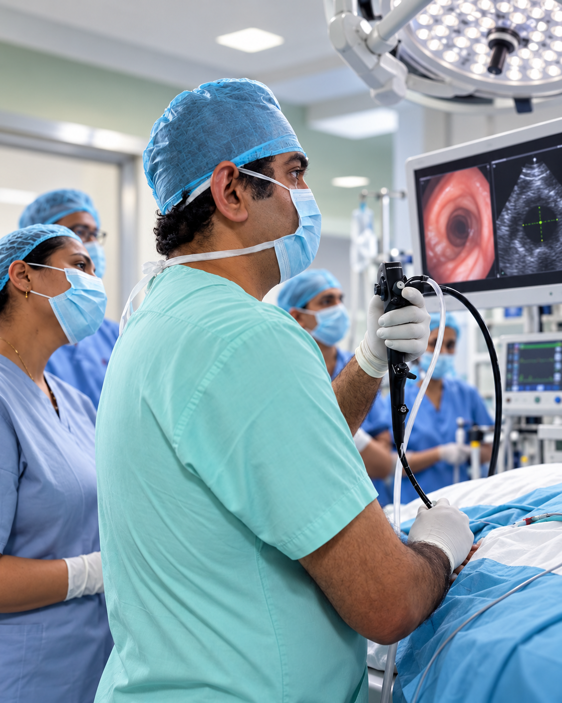 Dr. Siddarth Singh performing EBUS (endobronchial ultrasound) with live ultrasound imaging on screen